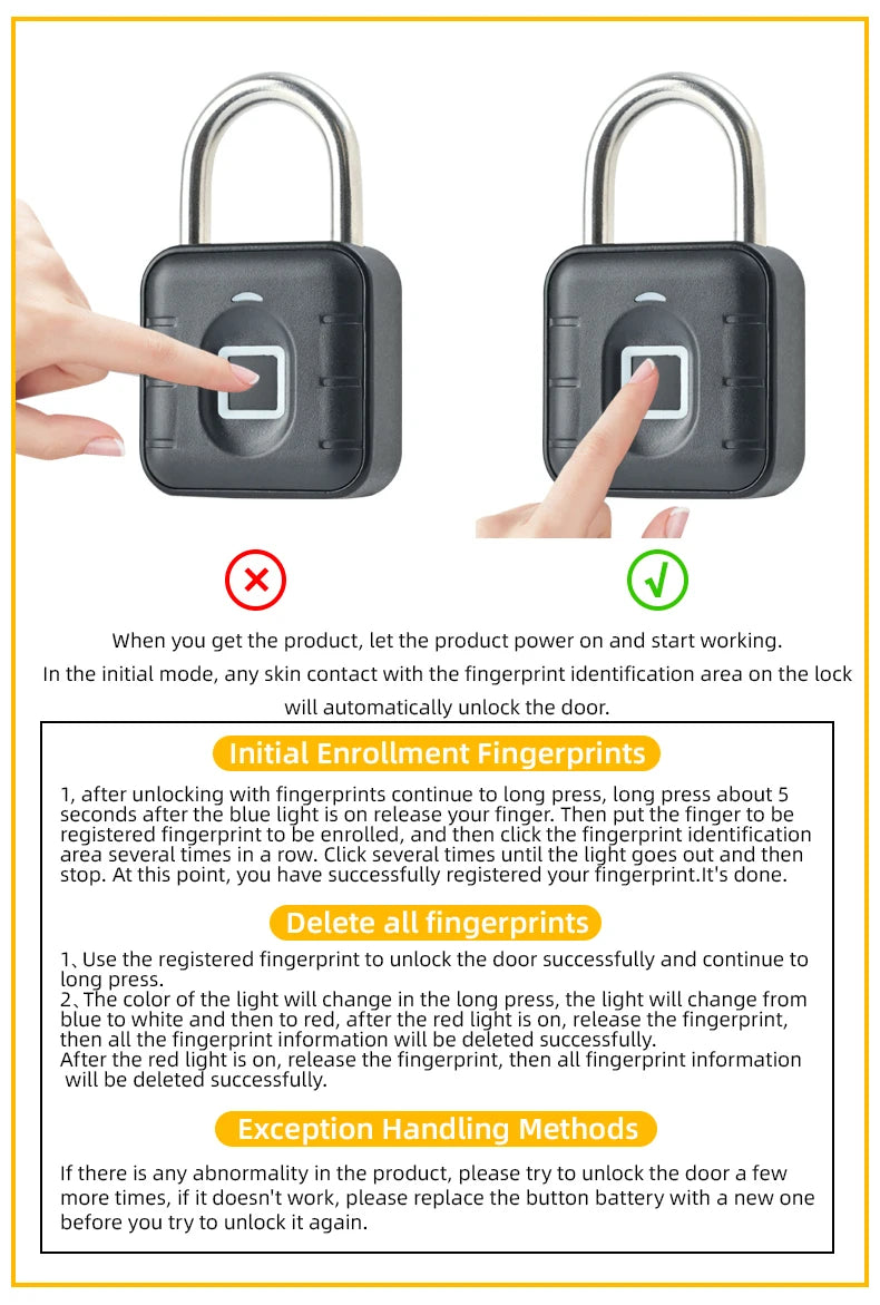 Smart Pad Lock Fingerprint Padlock Cabinet Lock Dormitory Anti-Theft Lock USB Rechargeable Security Keyless Lock Smart Padlock