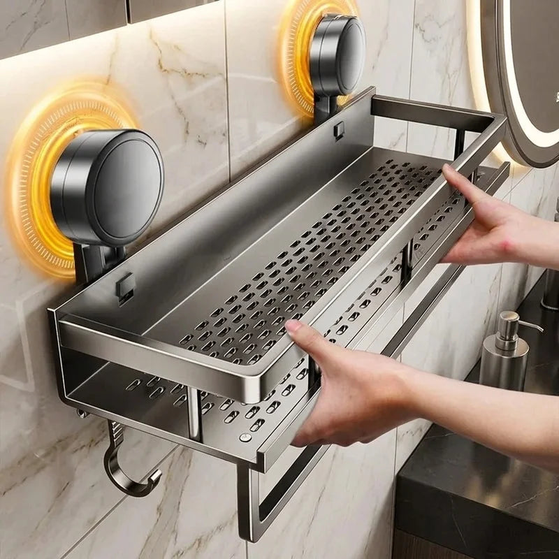 No Drill Bathroom Shelf with Suction Cup Waterproof Aluminum Storage Rack Shower Organizer for Shampoo Soap Toiletries
