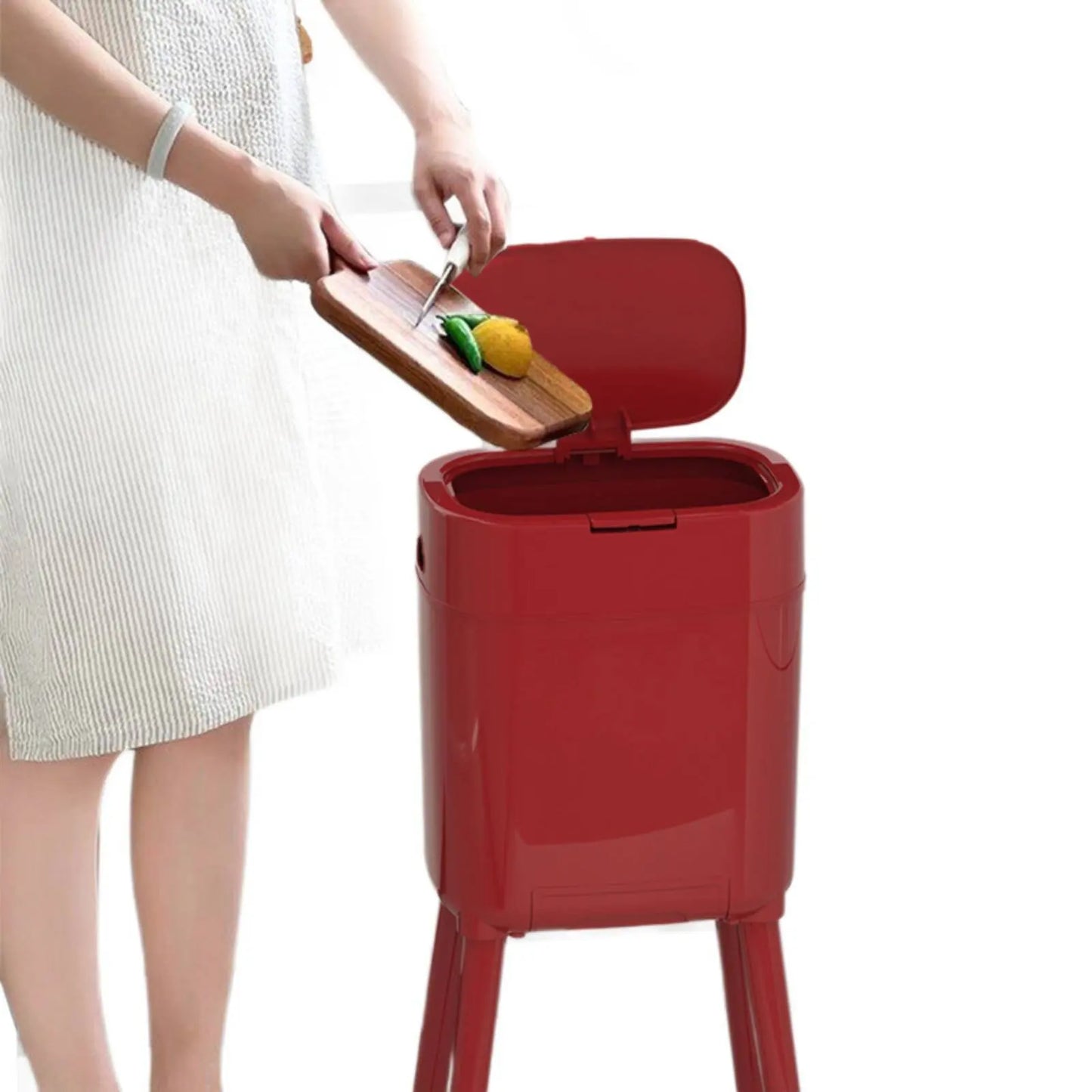 Tall Trash Can with Legs No-Bend Design Elevated Garbage Can on Wheels Rolling Waste Bin with Lid Large Capacity for Living Room