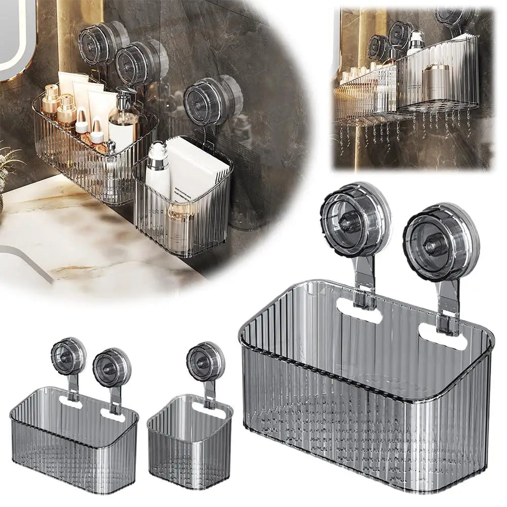 No Drill Suction Cup Shower Shelf - Transparent Bathroom Organizer Basket, Quick-Install Storage for Cosmetics & Toiletries