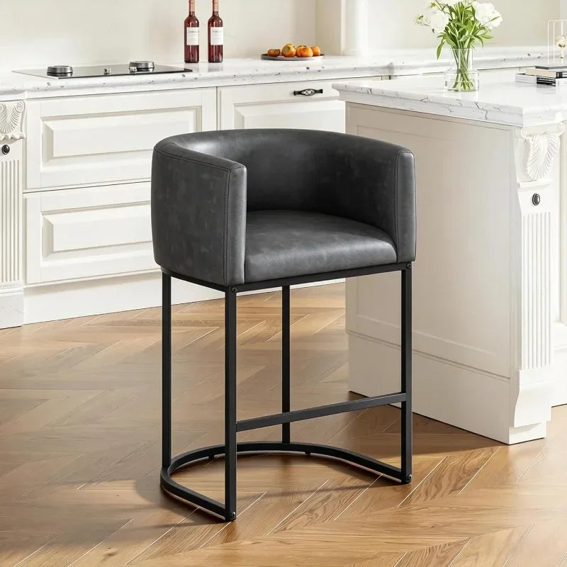 26" H Counter Height Bar Stools Modern Barrel Counter Stools with Backrest and Arms, Linen Fabric Upholstered Accent Barstools