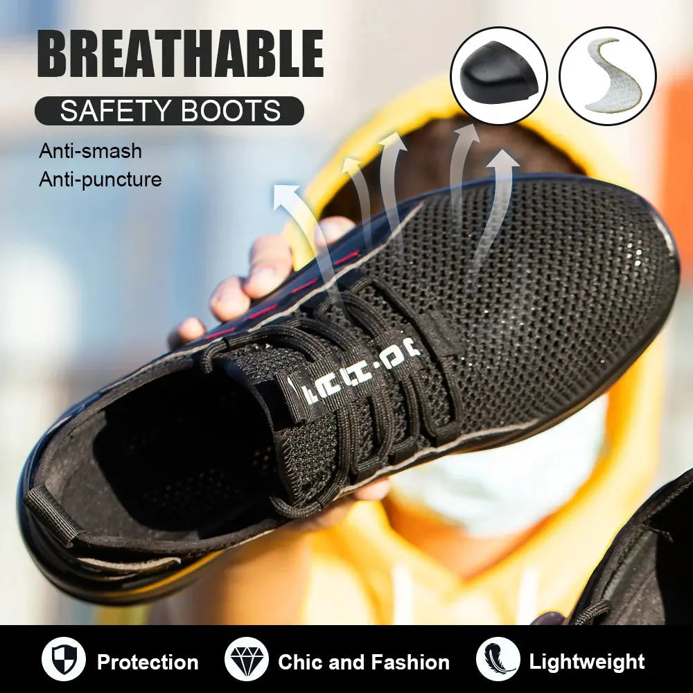 Men's Summer Mesh Safety Shoes Steel Toe Anti- Crush Breathable Lightweight Work Shoes Knitted Upper Kevlar Insertion Proof WardBoyzPROShop