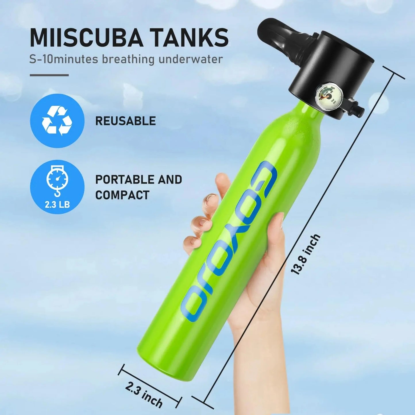 GOYOJO Mini Scuba Tank 0.5L Reusable Portable Diving Tank & Emergency Pony Bottle Air Suitable for Freediving, Snorkeling