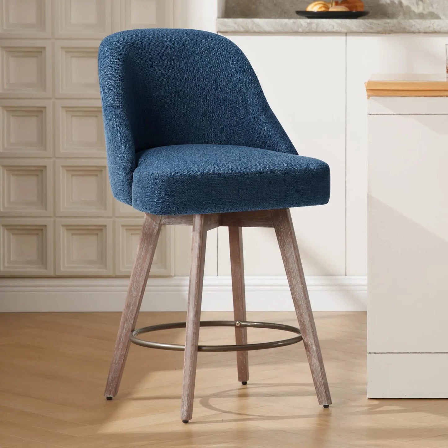 Bekrvio Counter Height Bar Stools Set of 3, Modern Mid-Century Swivel Barstools with Backs and Wood Legs, Linen Fabric