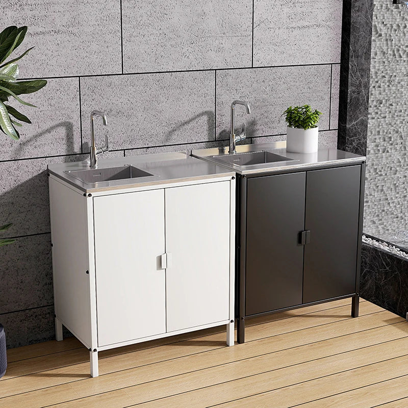 Custom Metal Outdoor Kitchen Cabinet in White and Black Featuring a Sink