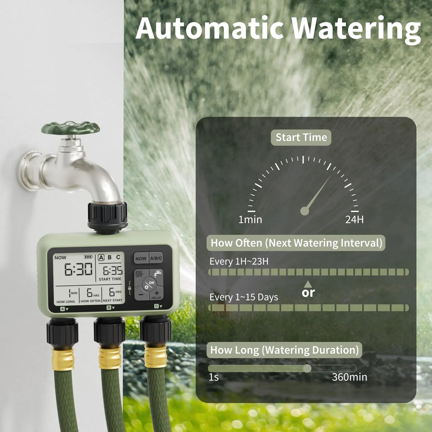 Diivoo Garden Water Timer 3 Zone Programmable Automatic Irrigation Timer with Rain Delay Manual/Auto Mode Watering for Lawn Yard