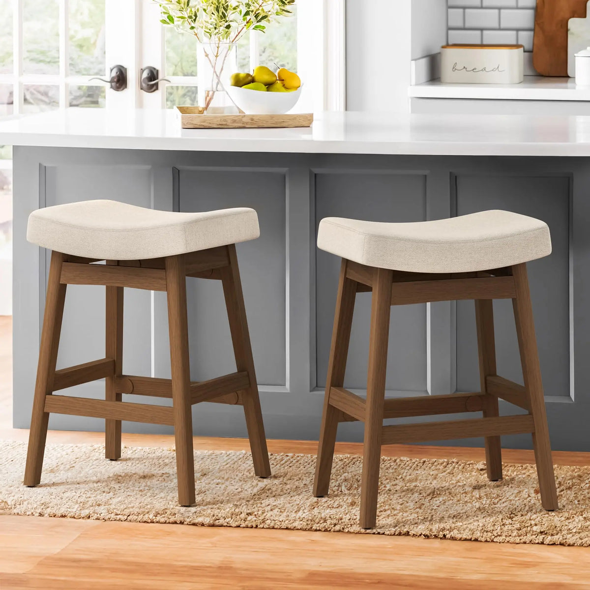 Bar Stools Set of 3 Barstools with Sturdy Wood Legs Saddle Seat Counter Height Bar Stools for Kitchen Counter Bar Dining 24