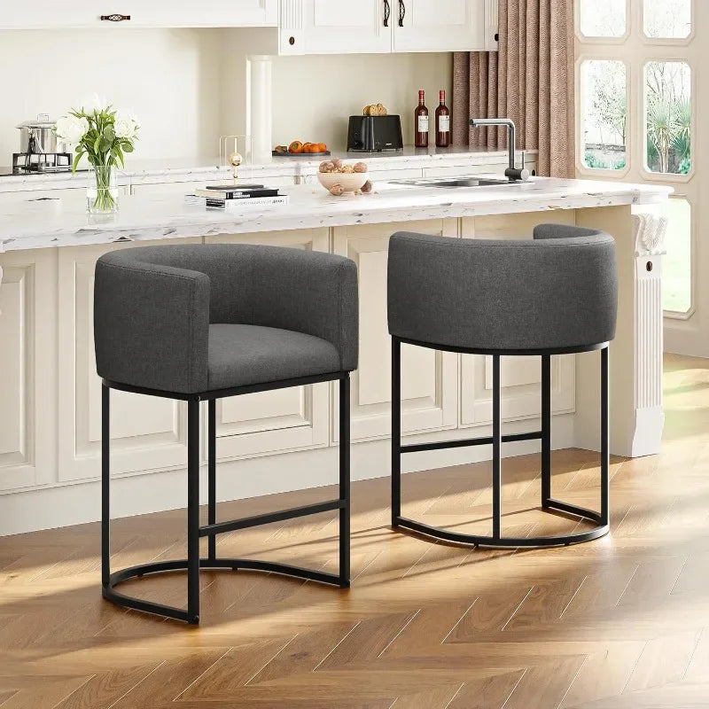 26" H Counter Height Bar Stools Modern Barrel Counter Stools with Backrest and Arms, Linen Fabric Upholstered Accent Barstools