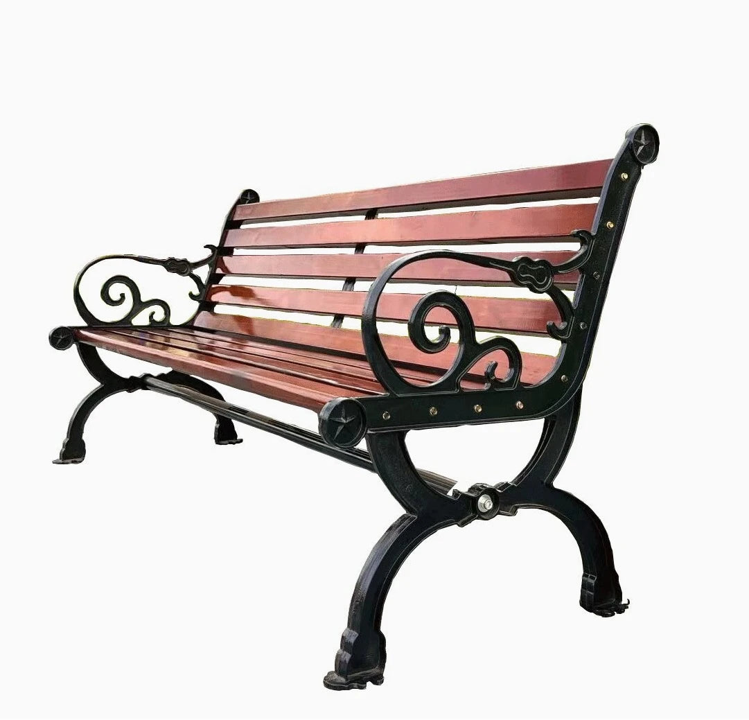 Classic Outdoor Wooden Bench with Durable Cast Iron Frame Weatherproof Garden Park Public Seating for Patio Lawn Landscape Decor