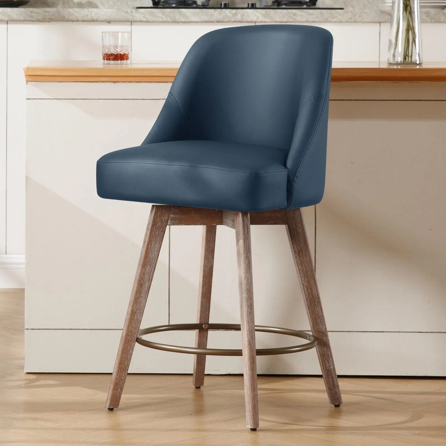 Bekrvio Counter Height Bar Stools Set of 3, Modern Mid-Century Swivel Barstools with Backs and Wood Legs, Linen Fabric