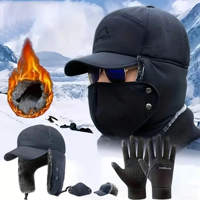4Pcs Warm Thickened Cold-Proof Hat Winter Outdoor Cycling Warm Non-Slip Gloves Ski Windproof Face Mask Warm Four-Piece Set S003750