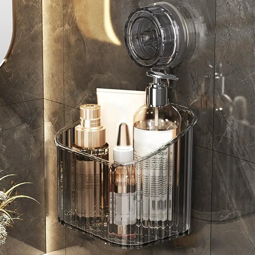 No Drill Suction Cup Shower Shelf - Transparent Bathroom Organizer Basket, Quick-Install Storage for Cosmetics & Toiletries