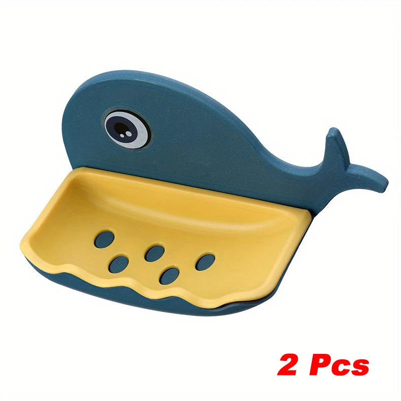 2 Pcs No-Drill Adhesive Soap Dish, Creative Whale-Shaped Soap Holder with Drainage for Bathroom & Showera