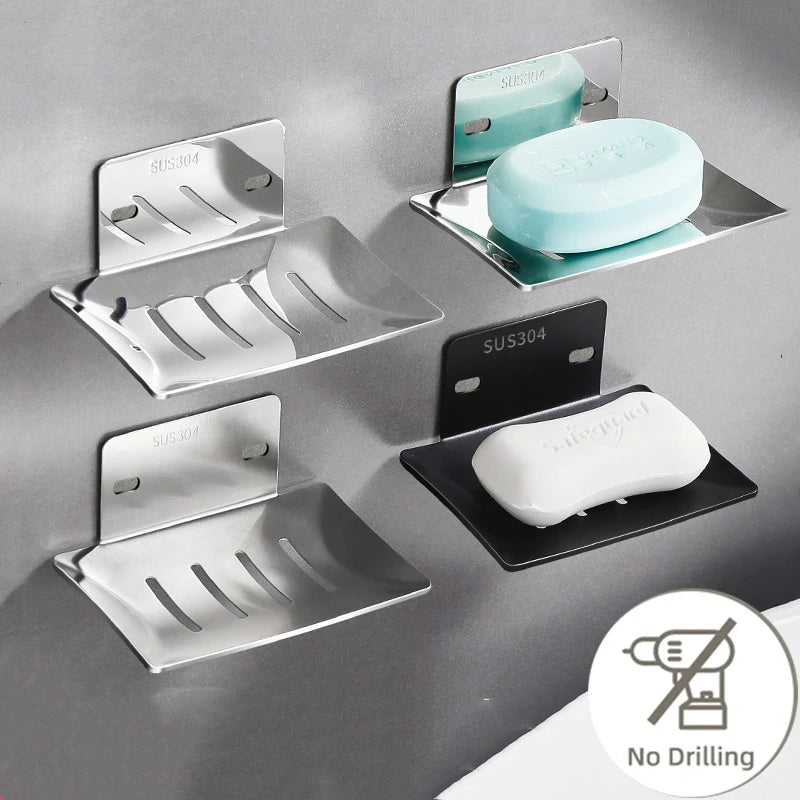 Stainless Steel Soap Holder Bathroom Soap Dish With Drain Water No Drilling Wall Mounted Soap Box Bathroom Accessories