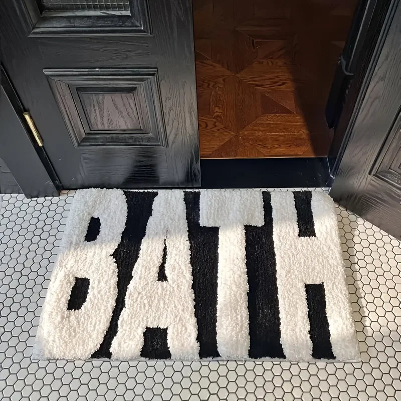"BATH" Design Non-Slip Bath Mat, Ultra Absorbent Polyester Bathroom Rug, Black and White Textured Entryway Carpet for Bathroom