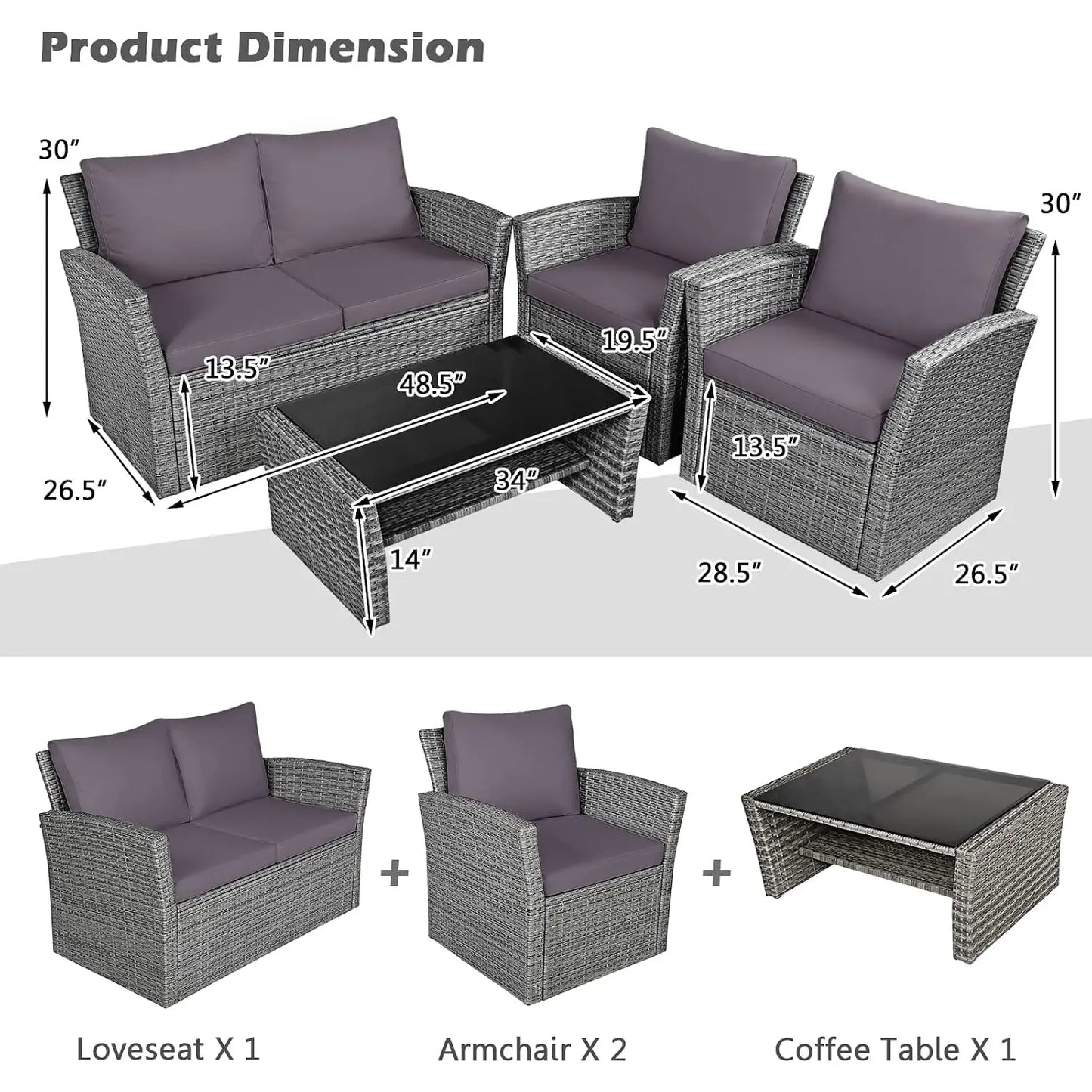 4PCS Patio Rattan Furniture Set Outdoor Sofa with Cushions & Coffee Table for Garden Porch Balcony, Customized
