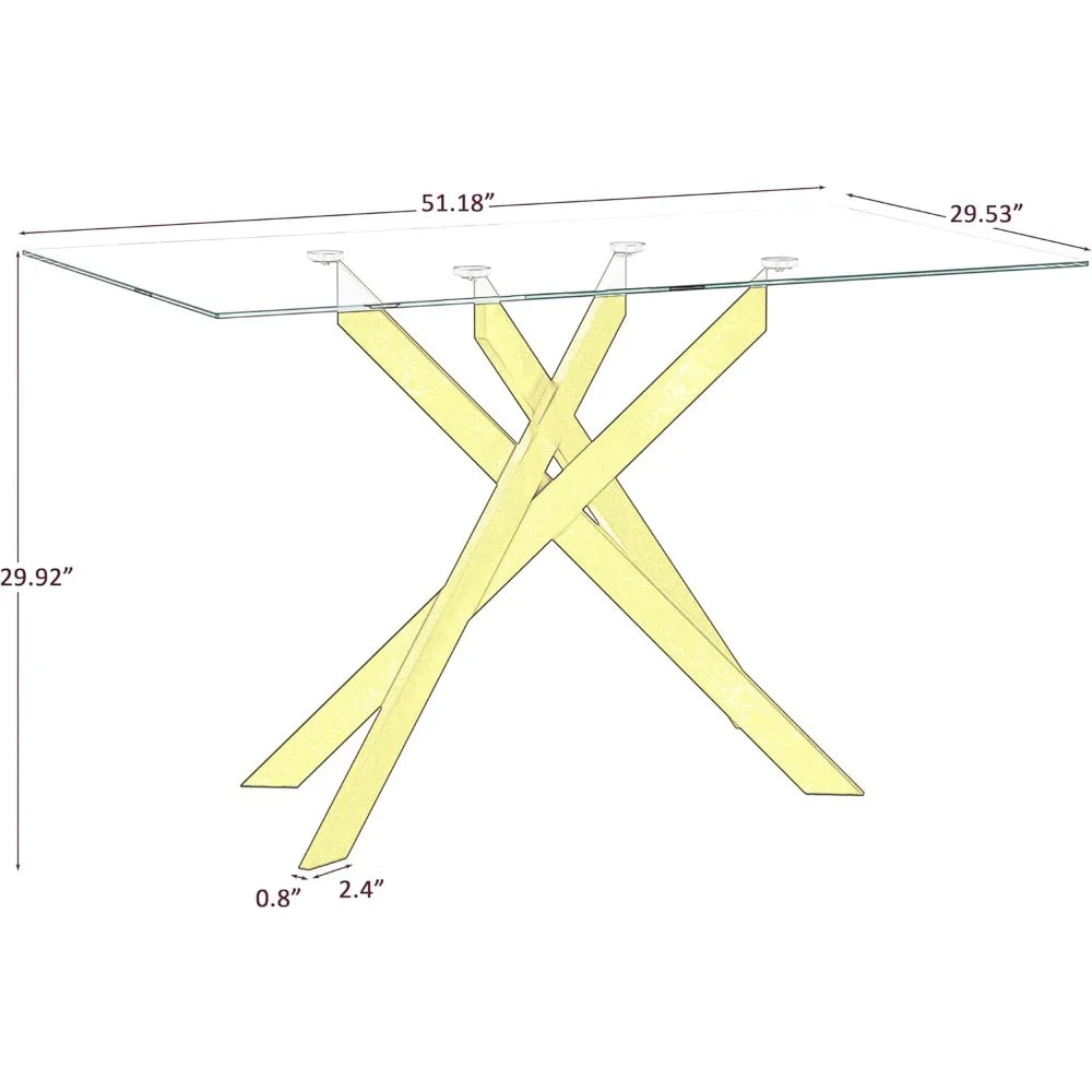 Modern Glass Dining Table for 4 with Gold Nest-Shape Metal Base Kitchen Table for Dining Room Home