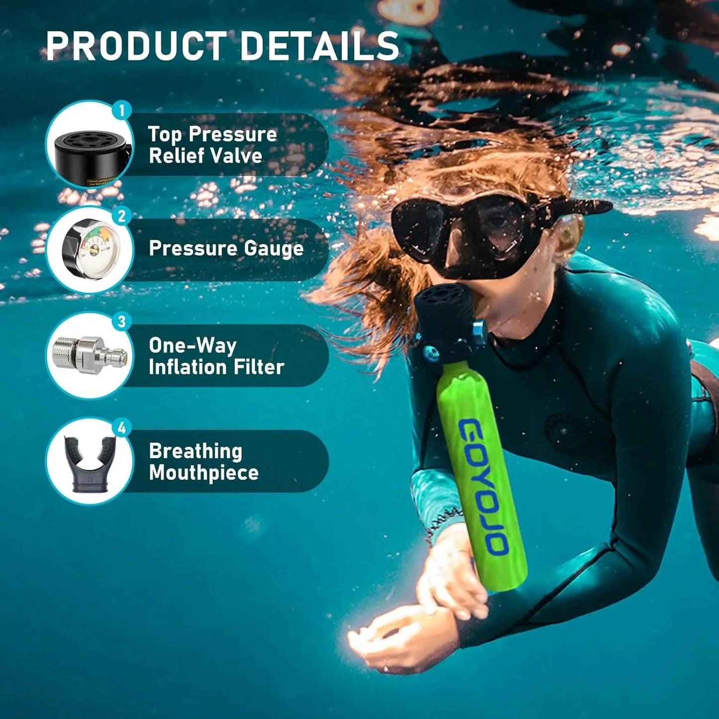 GOYOJO Mini Scuba Tank 0.5L Reusable Portable Diving Tank & Emergency Pony Bottle Air Suitable for Freediving, Snorkeling