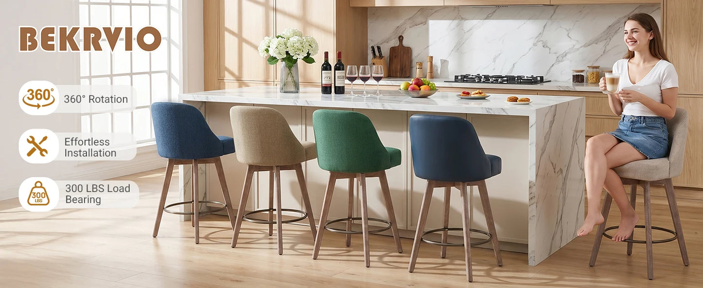 Bekrvio Counter Height Bar Stools Set of 3, Modern Mid-Century Swivel Barstools with Backs and Wood Legs, Linen Fabric