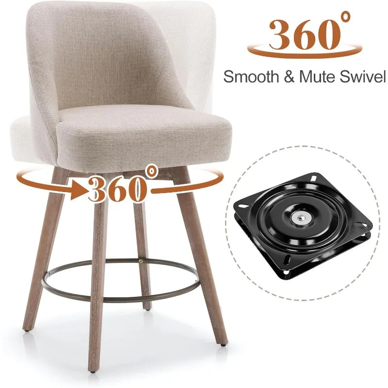 Bekrvio Counter Height Bar Stools Set of 3, Modern Mid-Century Swivel Barstools with Backs and Wood Legs, Linen Fabric