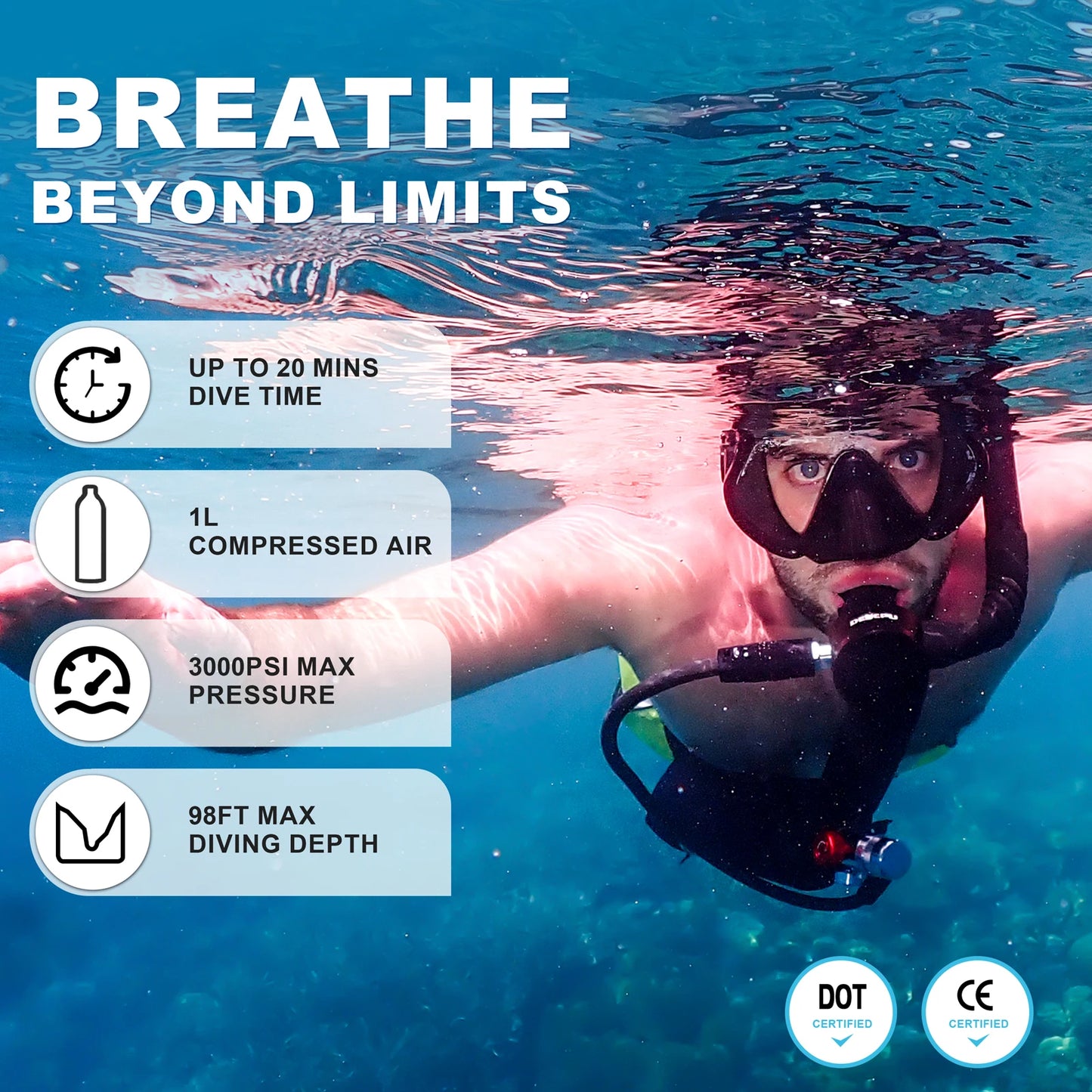 DEDEPU 1L Scuba Diving Tank Professional Diving Equipment Underwater Breathing Scuba Tank Oxygen Cylinder 15-25 Minutes