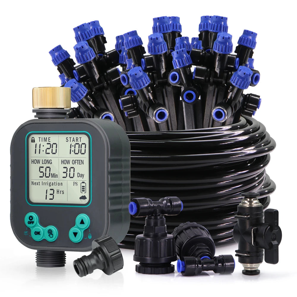 1/4" Garden Irrigation Timed System Rain Sensor LCD Timer 4/6mm Adjustable Sprinkler Drippers Outdoor Lawn Plant Pots Watering