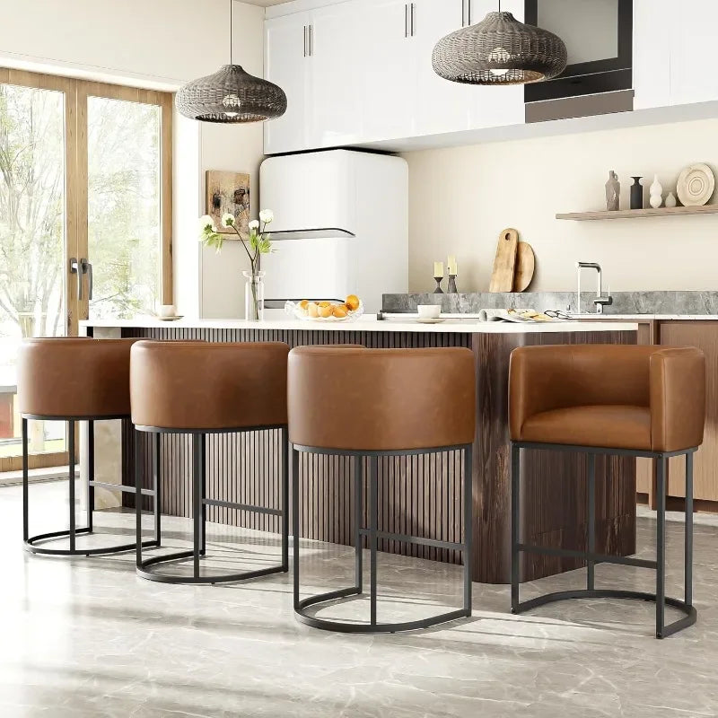 26" H Counter Height Bar Stools Modern Barrel Counter Stools with Backrest and Arms, Linen Fabric Upholstered Accent Barstools