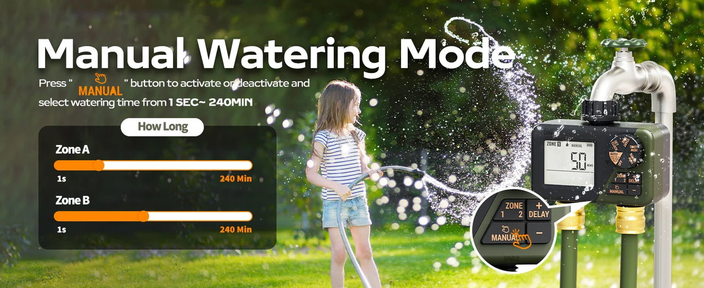 Diivoo Garden Water Timer 3 Zone Programmable Automatic Irrigation Timer with Rain Delay Manual/Auto Mode Watering for Lawn Yard