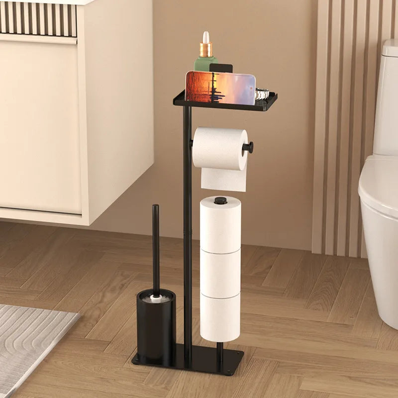 Floor-standing Tissue Holder Vertical Movable Toilet Paper Storage Rack Nail-Free Toilet Brush Holder Roll Paper Holder Bathroom