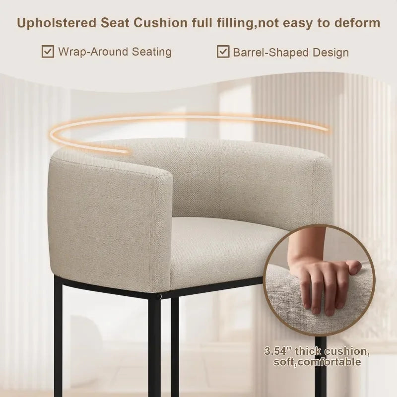 26" H Counter Height Bar Stools Modern Barrel Counter Stools with Backrest and Arms, Linen Fabric Upholstered Accent Barstools