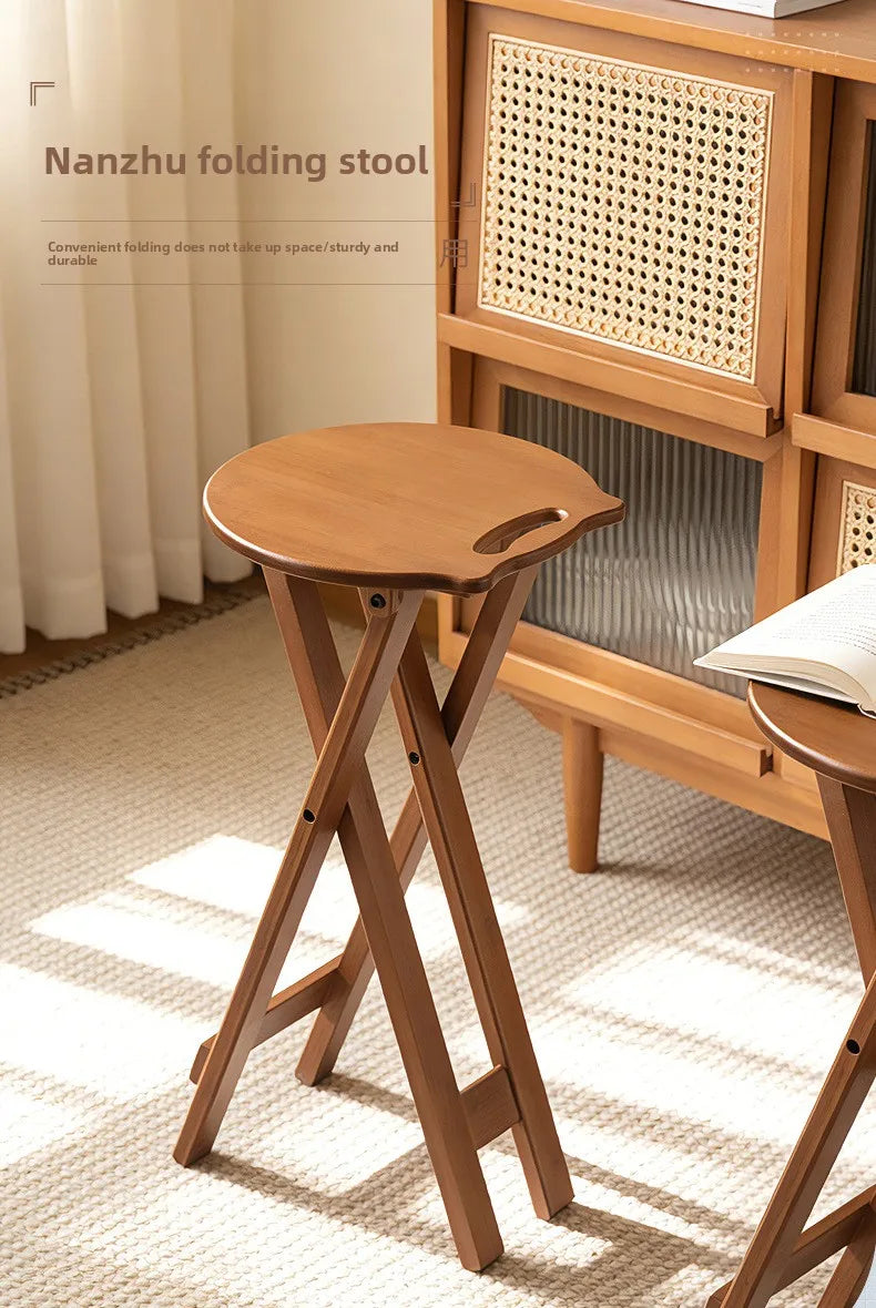 Retro style bamboo folding stool, household foldable round stool, foldable high stool, bar stool, restaurant dining stool