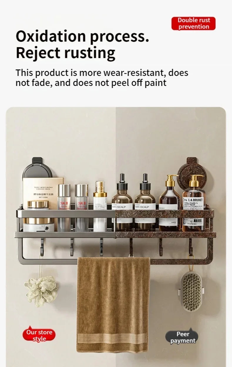 No Drill Bathroom Shelf with Suction Cup Waterproof Aluminum Storage Rack Shower Organizer for Shampoo Soap Toiletries