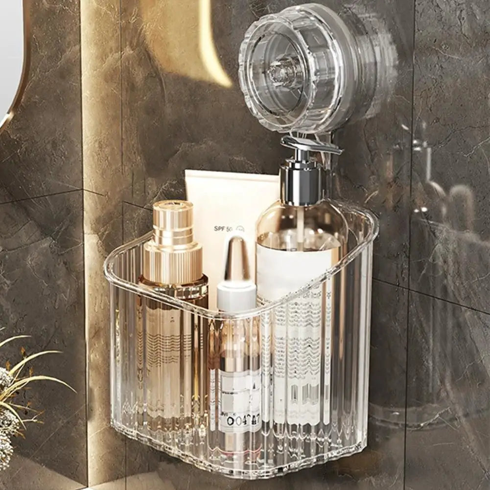 No Drill Suction Cup Shower Shelf - Transparent Bathroom Organizer Basket, Quick-Install Storage for Cosmetics & Toiletries