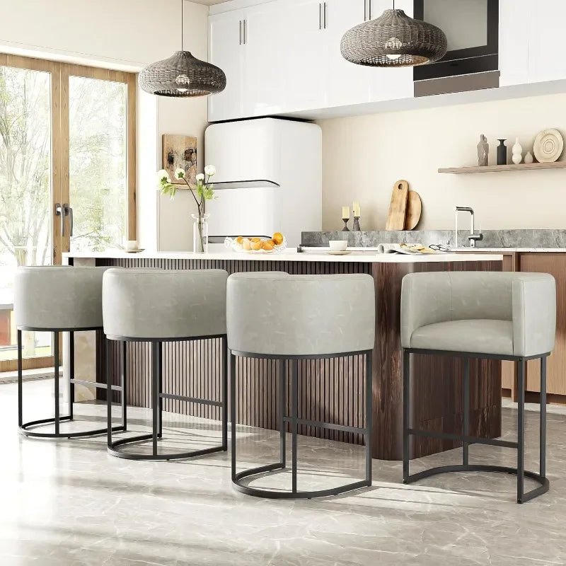 26" H Counter Height Bar Stools Modern Barrel Counter Stools with Backrest and Arms, Linen Fabric Upholstered Accent Barstools