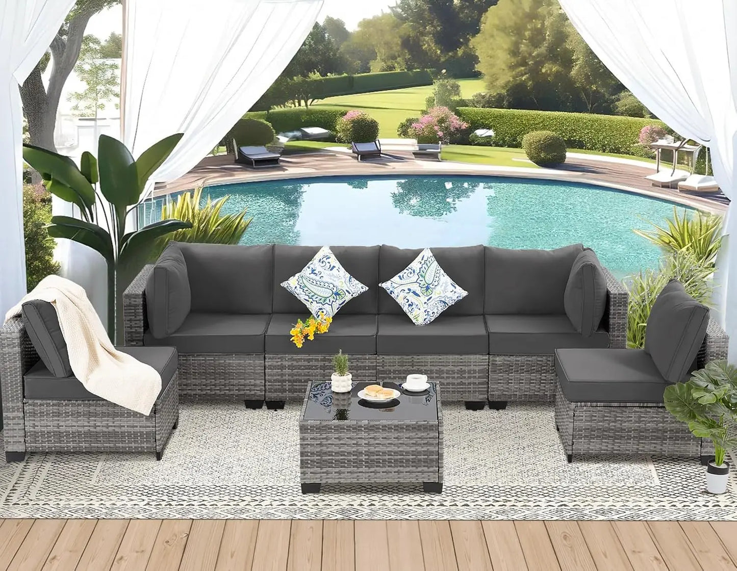 7-Piece Outdoor Wicker Sectional Sofa Set, Patio Garden Furniture, PE Rattan, Customized