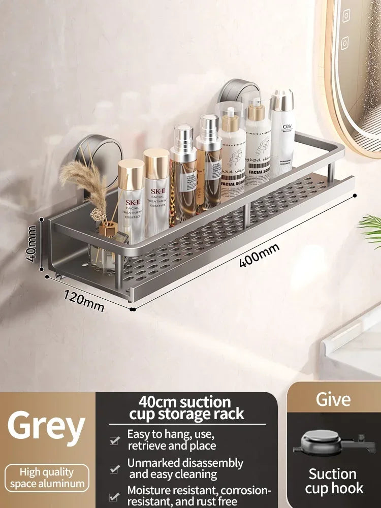 No Drill Bathroom Shelf with Suction Cup Waterproof Aluminum Storage Rack Shower Organizer for Shampoo Soap Toiletries