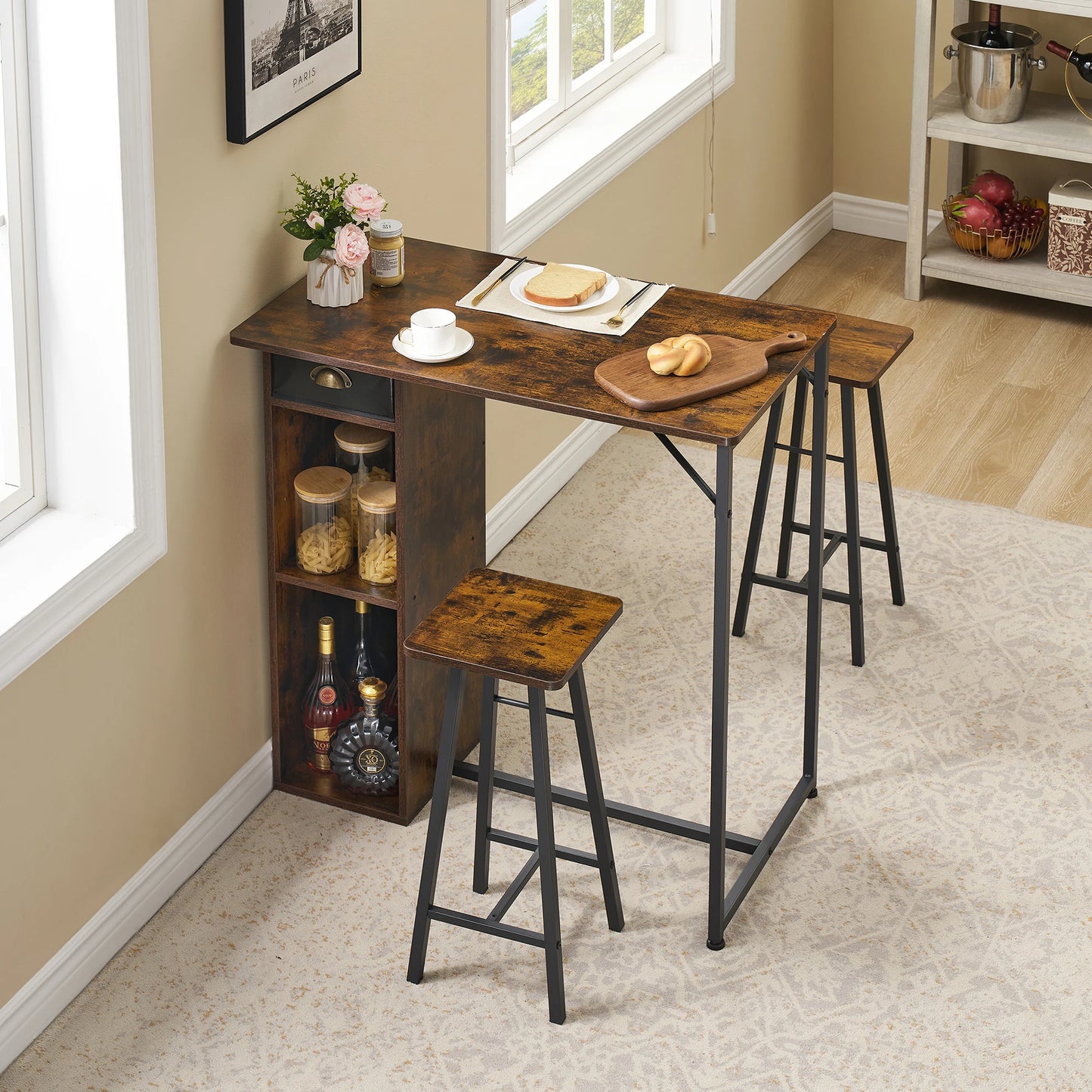 Versatile 3 Piece Dining Table Set with Storage Drawer & 3-Tier Shelf,Counter Height Table and 2 Barstools,Space-Saving