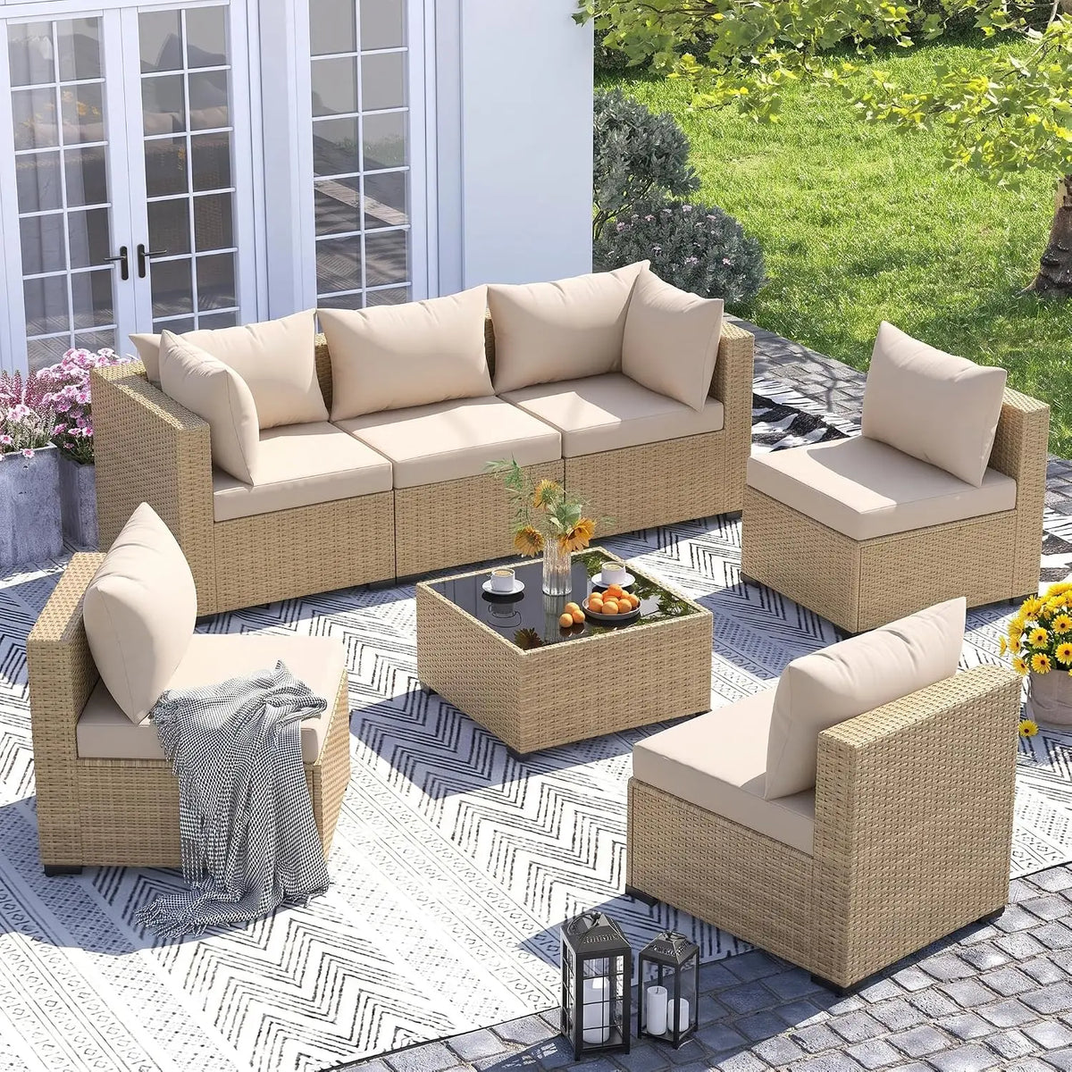 7-Piece Wicker Patio Furniture Set Non-Slip Cushion Outdoor Garden Balcony, Customized