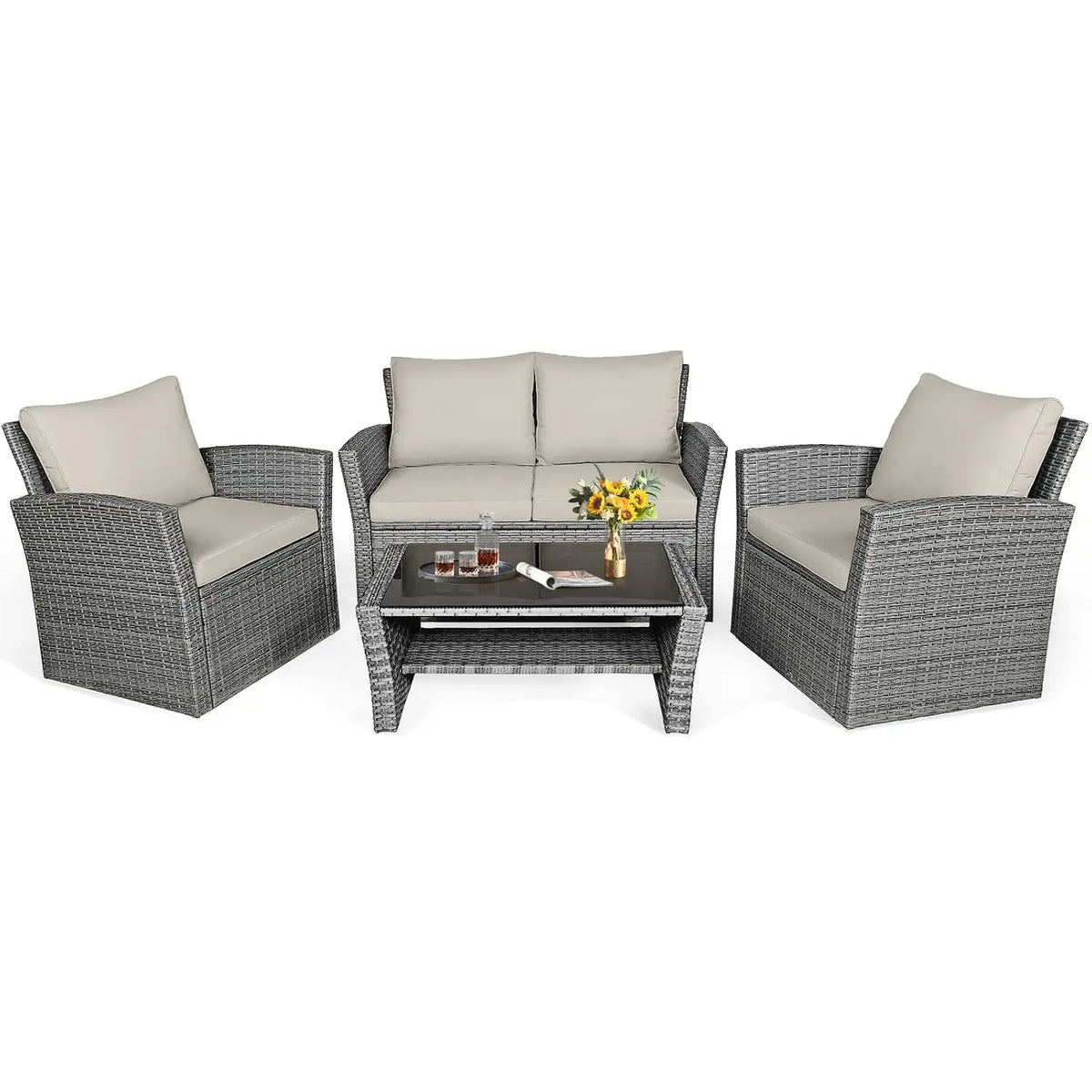 4PCS Patio Rattan Furniture Set Outdoor Sofa with Cushions & Coffee Table for Garden Porch Balcony, Customized