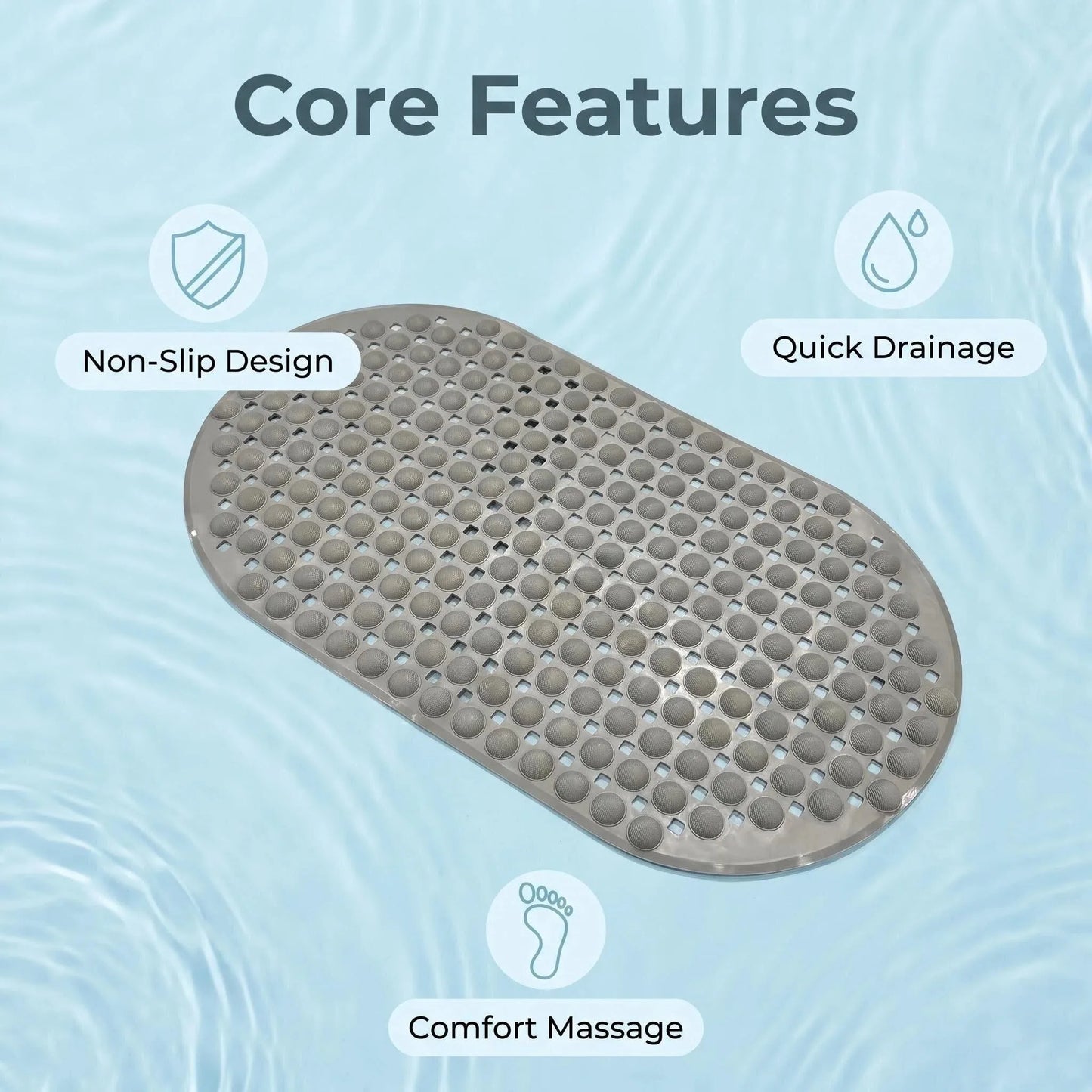 35x66cm Oval Bath Mat Non-Slip Diagonal Texture Shower Rug with Suction Cups Water Resistant Easy Clean Anti-Slip Bathroom Mat