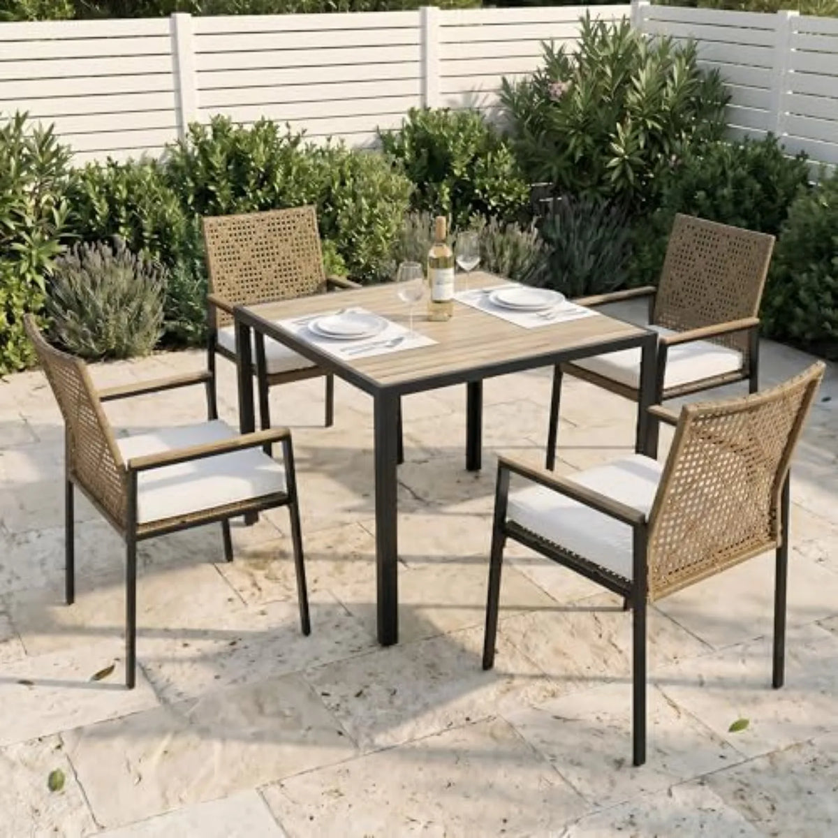 5-Pcs Rattan Patio Furniture Dining Set, Acacia Wood Table, Brown | Metal frame outdoor set with PE rattan cushioned