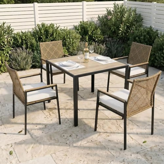 5-Pcs Rattan Patio Furniture Dining Set, Acacia Wood Table, Brown | Metal frame outdoor set with PE rattan cushioned