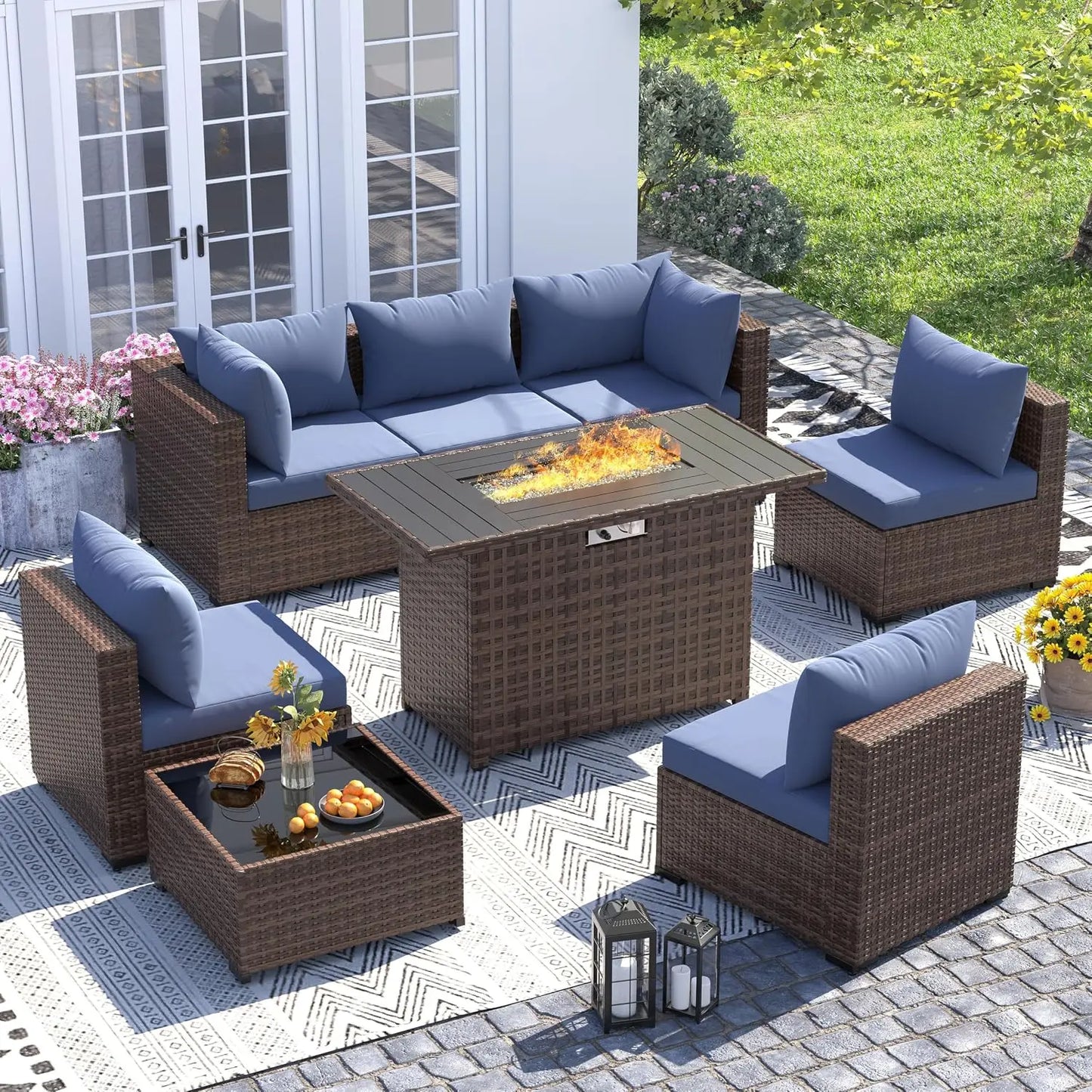 UDPATIO Outdoor Furniture 8-Piece Wicker Patio Set with 44" Fire Pit Table | All-weather Modular Sectional Sofa w/ Coffee Table