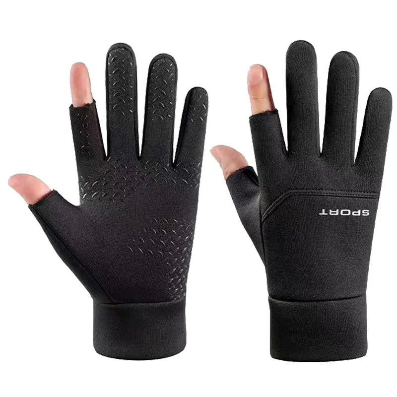 Winter Men's Gloves Are Velvet-Lined, Warm, Non-Slip, and Have Two Fingers Exposed for Driving and Riding Motorcycles, Windproof and Waterproof Gloves