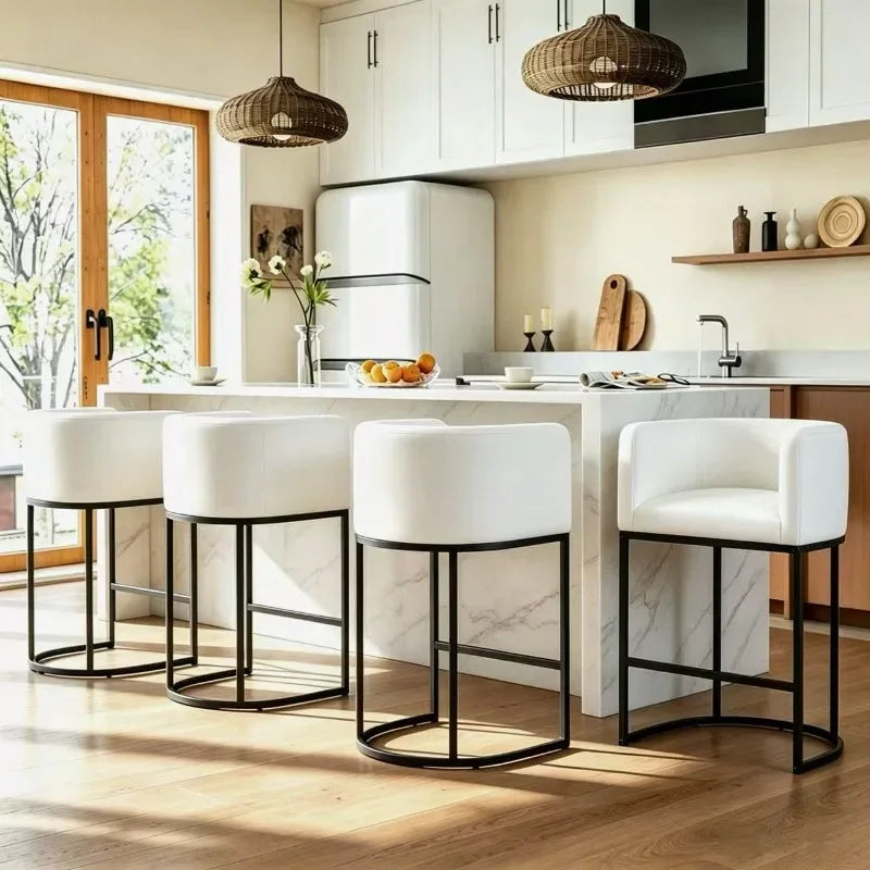 26" H Counter Height Bar Stools Modern Barrel Counter Stools with Backrest and Arms, Linen Fabric Upholstered Accent Barstools