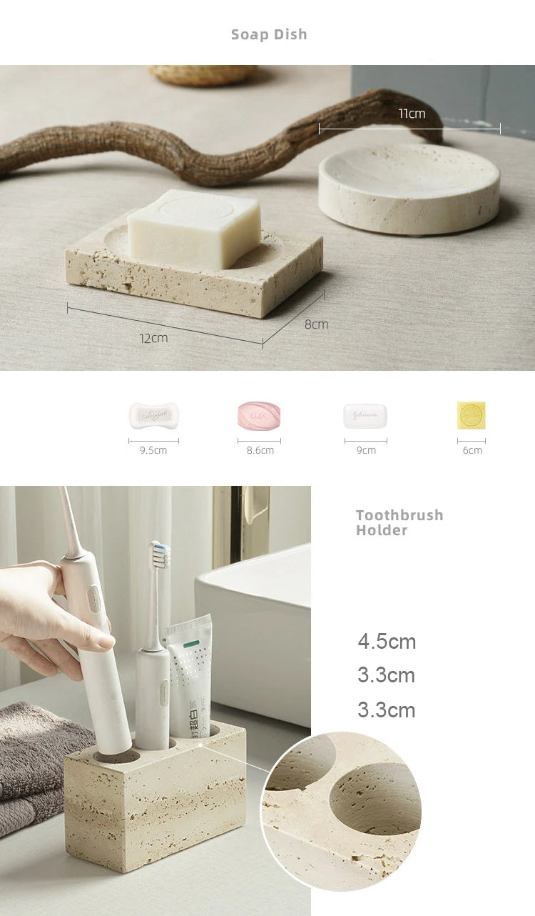 Travertine Bathroom Accessories Set Luxury Soap Dish Soap Dispenser Reed Diffuser Tissue Box Tray Bathroom Set