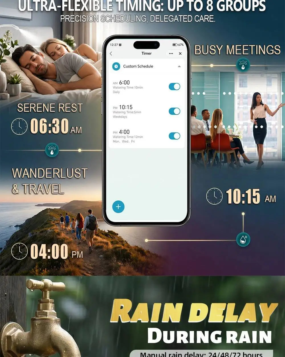 Smart WiFi Water Timer, Irrigation Controller, No Hub Required, Automatic Garden Drip Sprinkler Valve, Tuya App Control