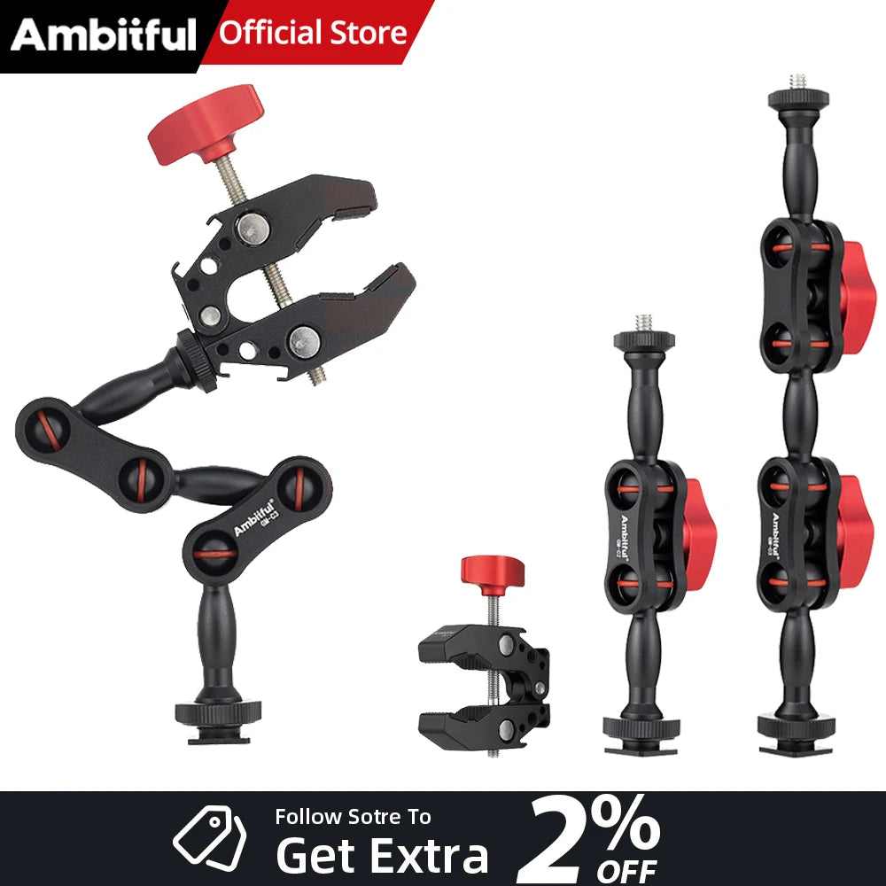AMBITFUL 360° Double Ballhead Magic Arm With Super Clamp Kit 1/4" Screw Ball Head Adapter For Monitor LED Light Camera