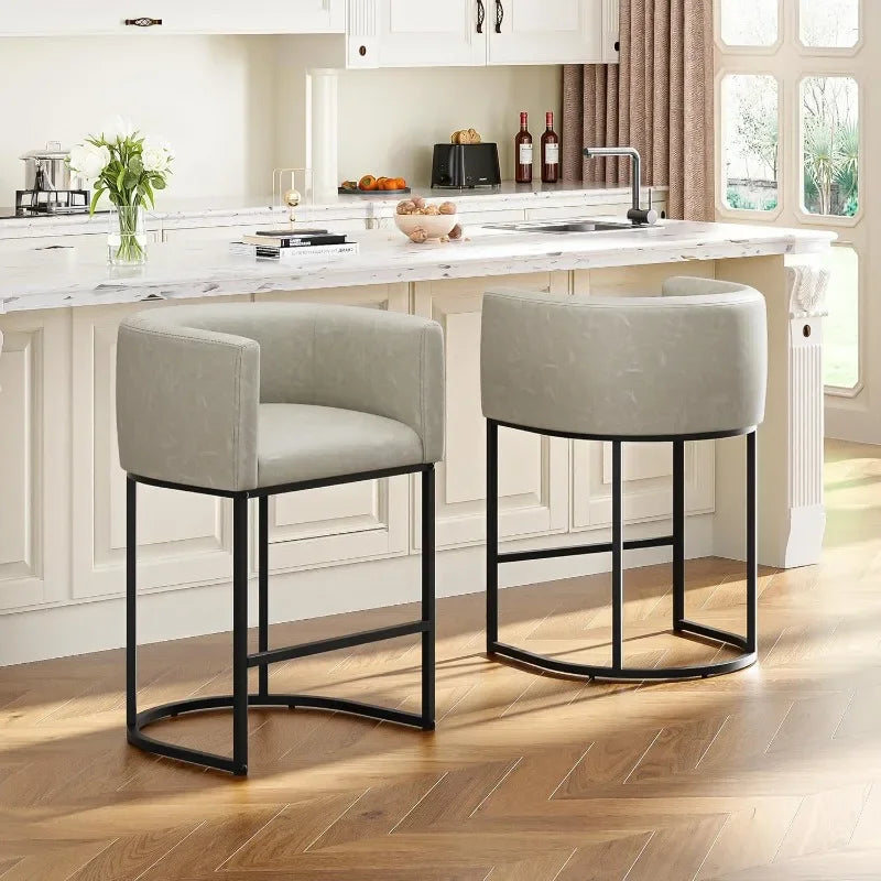 26" H Counter Height Bar Stools Modern Barrel Counter Stools with Backrest and Arms, Linen Fabric Upholstered Accent Barstools