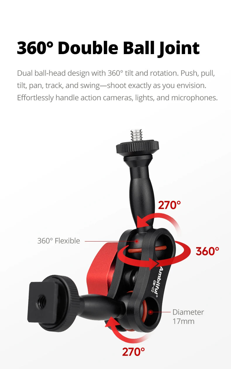 AMBITFUL 360° Double Ballhead Magic Arm With Super Clamp Kit 1/4" Screw Ball Head Adapter For Monitor LED Light Camera